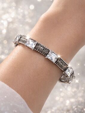 Beautiful Vintage Solid Sterling Silver Marcasite CZ Link Bracelet - 925 Silver